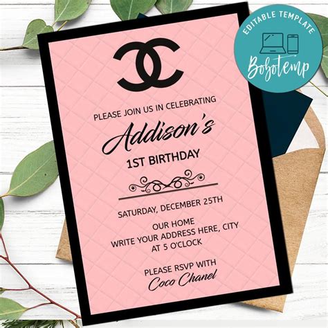 printable chanel birthday card|Chanel party supplies printable.